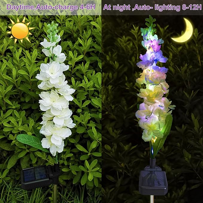 Solar Garden Lights, 6 Pack 20 LEDs Solar Delphinium Flowers Lights Gifts for Mom Grandma Women, Waterproof Solar Outdoor Lights Two Lighting Modes for Wedding Garden Yard Patio Decor