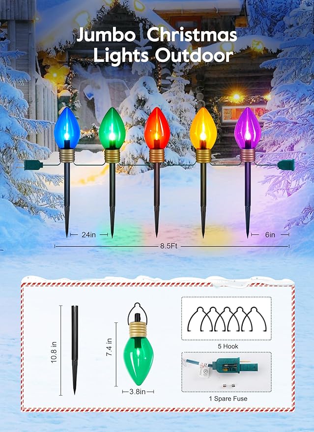 Jumbo C9 Christmas Pathway Lights Outdoor - 8.5 Feet 5 LED C9 Walkway Lights, C7 Covered Multicolor Bulb for Holiday Decorations, Outside Lawn, Yard, Garden