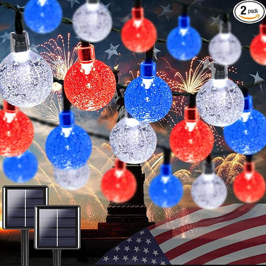 LORRYTE 2-Pack Red White and Blue Crystal Globe Solar String Lights Outdoor, 64FT 100 LED Waterproof Patriotic Lights 8 Lighting Modes for Memory Day Independence Day 4th of July Christmas
