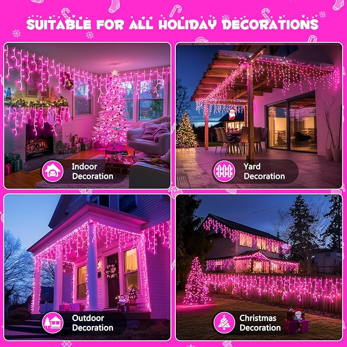 JMEXSUSS 400 LED Pink Valentine Lights, Connectable Pink Christmas Lights Indoor Outdoor with Remote, Pink Icicle String Lights for Room Fireplace Decorations
