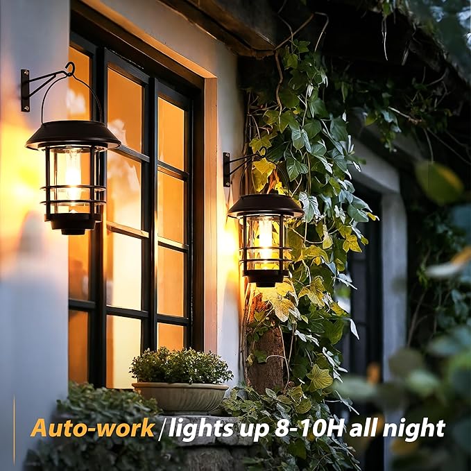 Otdair Solar Lantern Outdoor - 2 Glass Hanging Lights, Waterproof Wall Sconce, Decorative for Front Porch, Yard and Garden