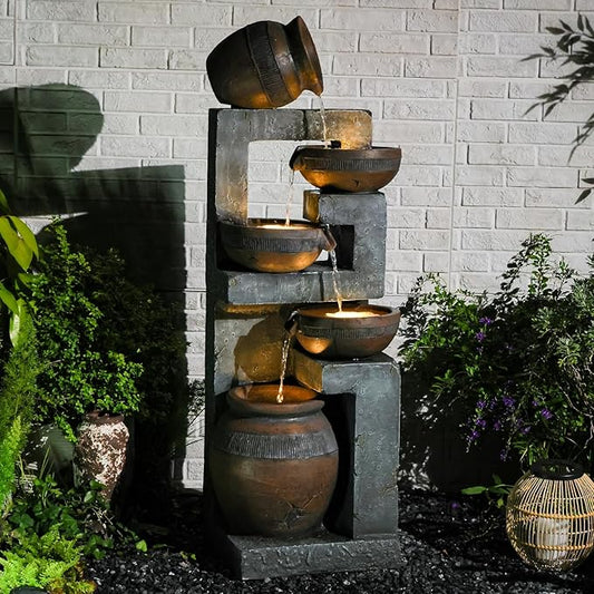 50.4" H Large Garden Fountains Outdoor, 5-Tier Cascading Rustic Style Bowl Water Fountain and Waterfall Feature with Light and Pump for Garden, Patio, Deck, Porch, Home Décor, Gray&Brown