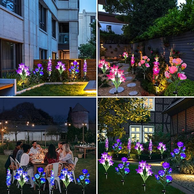 Solar Garden Lights Waterproof, 3 Pack Solar Flowers Lights Includes Lily Rose Delphinium,Gardening Gifts for Mom Grandma Women ,7-Color Changing Outdoor Decor Solar Lights for Garden Yard Patio Lawn