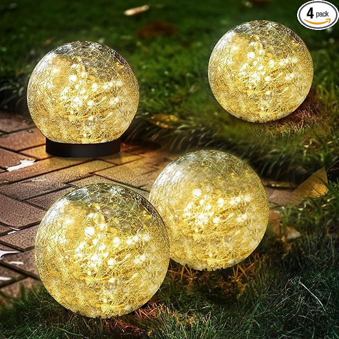 Solar Garden Lights Outdoor Waterproof, 4 Pack Cracked Glass Ball Light, Ground Landscape Garden Decor, Solar Globe Decorative for Pathway/Patio/Lawn/Yard (Warm White, 4.7")