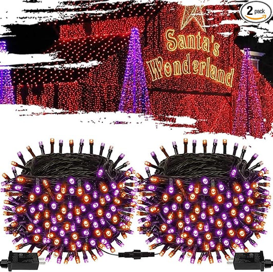 Purple and Orange Halloween Lights 2pack 164ft 400 Led Extendable Waterproof 8 Modes, Bright Indoor/Outdoor String Lights, Halloween Decorations for Party, Tree, Festivals, Patio, Garden Decor