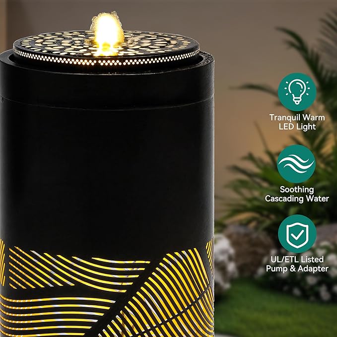 23.6 Inch Modern Outdoor Water Fountain with LED Lights - Black Geometric Bird Bath Garden Fountain for Patio, Yard, Porch Decor - Soothing Waterfall for Relaxing Ambiance