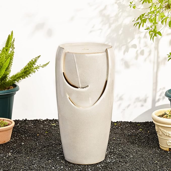 Glitzhome 29.25" H Oversized Ceramic Vase Outdoor Water Fountain Tall Patio Garden Water Fountain with LED Light and Submersible Pump Yard Art Decor, Sand Beige