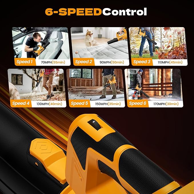 Leaf Blower Cordless, 650 CFM/170 MPH, 6-Speed Levels with 2 X 4.0Ah Handheld Battery Leaf Blower, Electric Blowers for Lawn Care, Garden, Yard (Yellow & 2 Battery)