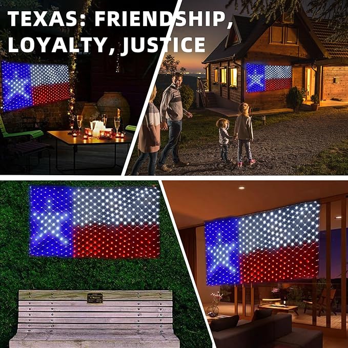 Texas Flag Net Lights Outdoor 3.3x6.6 FT - 384 LED Patriotic American Flag Decor with 8 Modes, Waterproof for 4th of July, Christmas, Yard, Porch, Parties