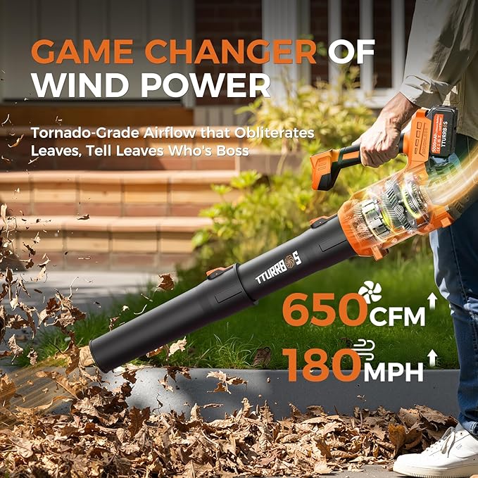 Leaf Blower Cordless - 650CFM Brushless Motor Leaf Blower with 6-Speed Control & Ergonomic Handle - Includes 2 x 5.0Ah Batteries & Fast Charger - Blowers for Lawn Care, Yard, Patio, Leaves, Snow, Dust