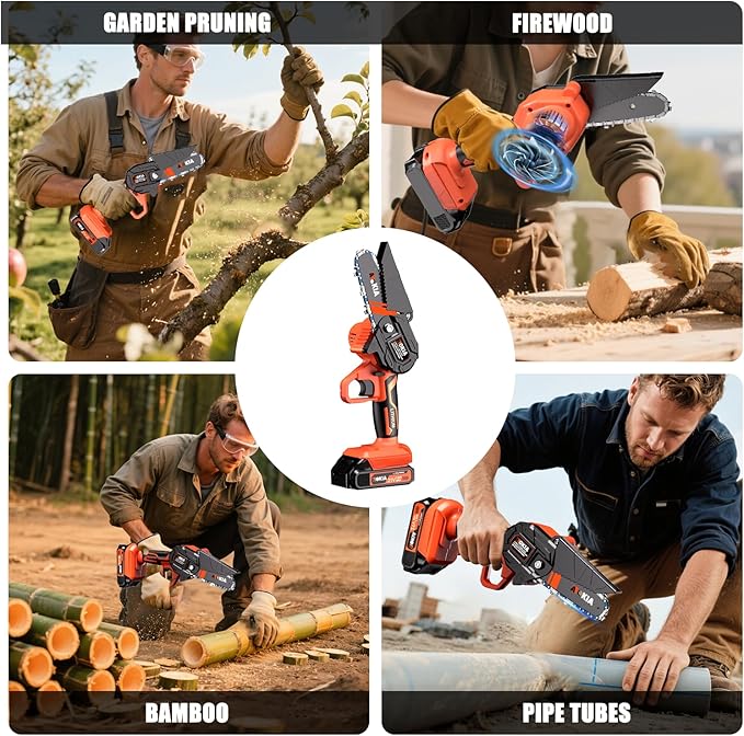 Cordless Mini Chainsaw 21V,4In Electric Chainsaw,Handheld & Portable Power Chain Saw for Tree Trimming Pruning Garden & Yard Work,Battery Chain Saw Gifts for Men Women Dad Orange
