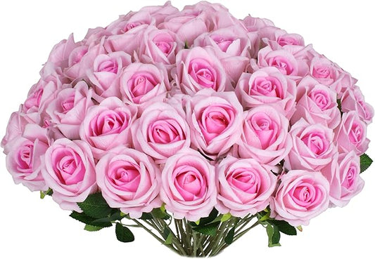 30 PCS Fake Pink Roses, Artificial Flowers Bulk Realistic Silk Faux Rose with Stems for Wedding Decoration Bridal Bouquet Birthday Celebrations DIY Floral Arrangement Home Decor