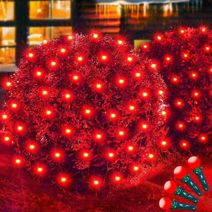 Led Net Lights Christmas Lights Outdoor Red Christmas Net Lighting with 121Led Mini Globe Lights 5ftx5ft, Outdoor Indoor Fairy Mesh Net Lights for Christmas Trees, Bushes, Shrubs Decorations