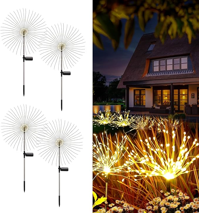 solar fireworks lights for outside, 150LED 8 Modes Fireworks Solar Lights Outdoor, Fairy Garden Flowers Lights for Yard Pathway wedding Party Christmas Diwali Garden Decor 4Pack (Warm White)