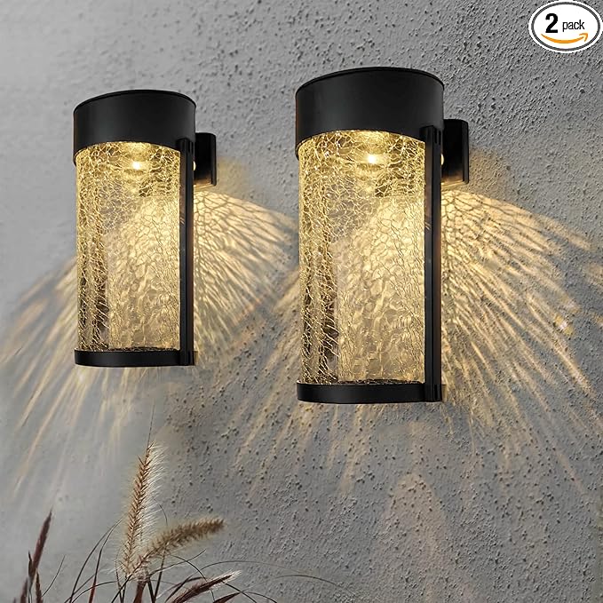 2PK Solar Outdoor Wall Lights with Crackle Glass Shade, Porch Fence Exterior Light Fixture Solar Powered Wall Scones