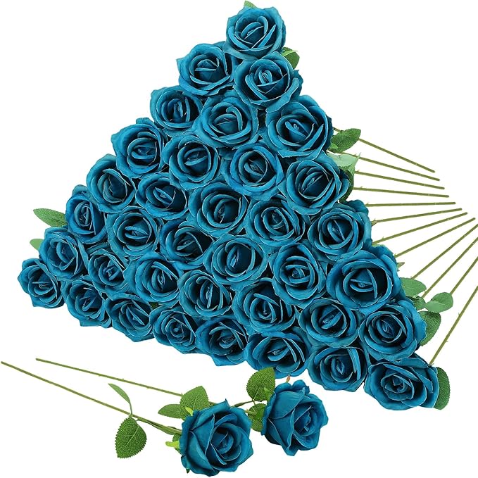 36 Pcs Teal Artificial Roses with Long Stems, Blue Green Fake Silk Rose Artificial Flowers Bulk for Bridal Wedding Bouquet Centerpiece Ball Arrangement Party Decor