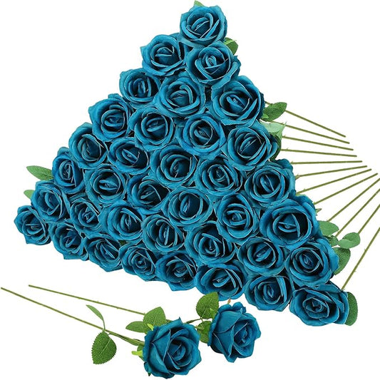 36 Pcs Teal Artificial Roses with Long Stems, Blue Green Fake Silk Rose Artificial Flowers Bulk for Bridal Wedding Bouquet Centerpiece Ball Arrangement Party Decor