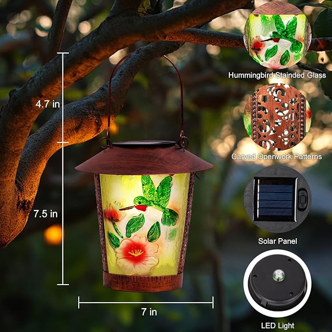 Hanging Solar Lantern Outdoor Decorative Waterproof LED Solar Hummingbird Lights Tabletop Lamp with Hollowed-Out Design for Outdoor Garden Patio Yard Deck Table Porch Pathway Wall
