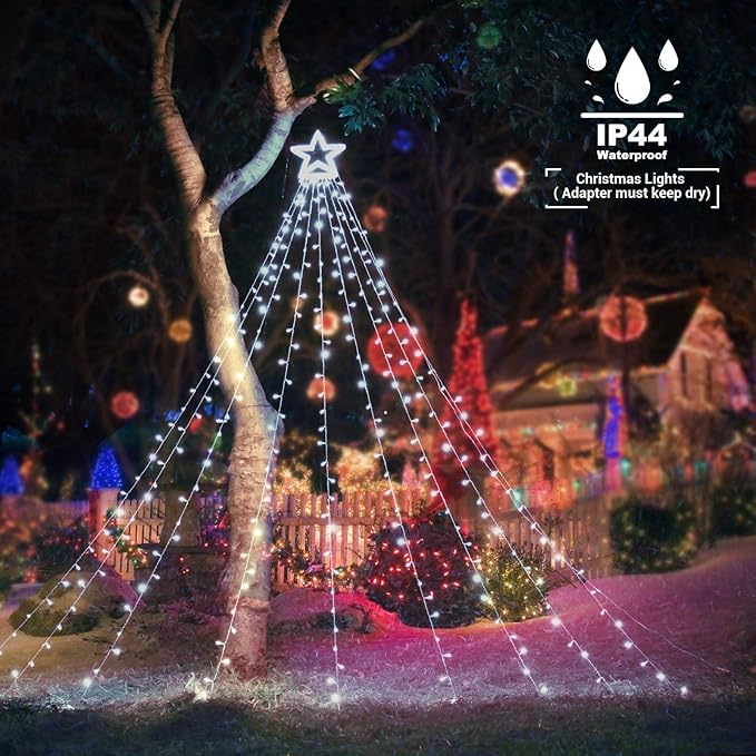 Toodour Christmas Decorations Outdoor Star Lights, 317 LED 10ft X 9 Waterfall Tree Lights with 12" Topper Star, 8 Lighting Modes Outside Christmas Lights for Yard Garden Holiday Decor (White)