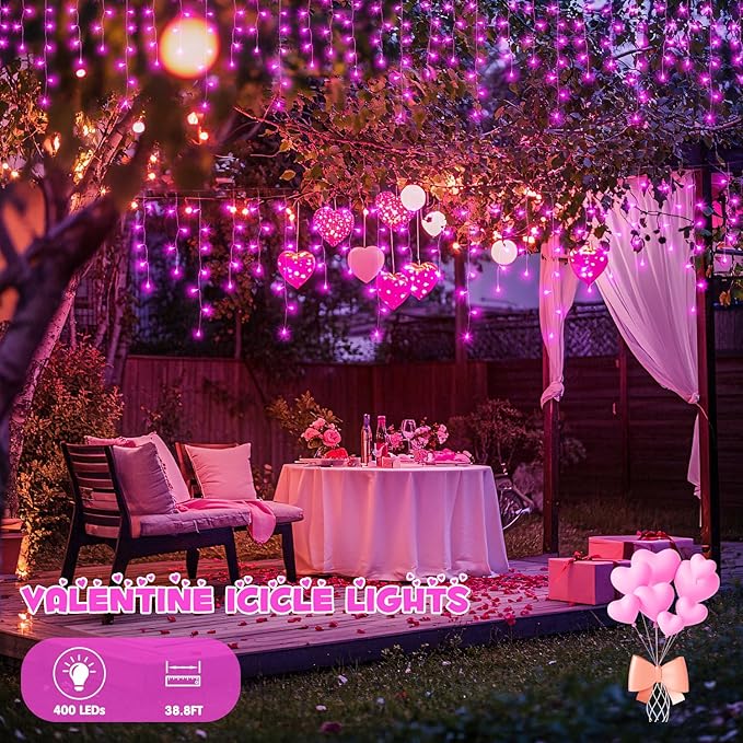 JMEXSUSS 400 LED Pink Valentine Lights, Connectable Pink Christmas Lights Indoor Outdoor with Remote, Pink Icicle String Lights for Room Fireplace Decorations