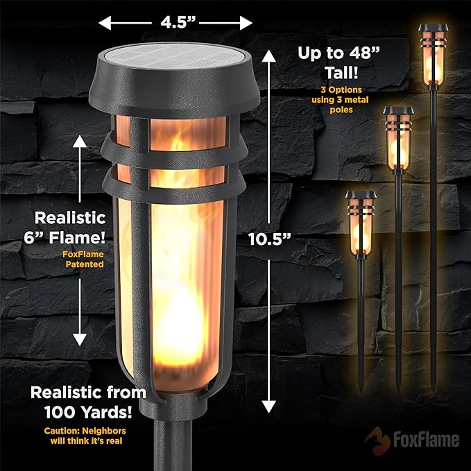 Metal Solar Torch Lights - Adjustable Height (24" - 50"), Outdoor Garden Decor with Patented LED, Waterproof Solar Tiki Torches for Yard, Patio, Garden Pathway, Matte Black – 2 Pack