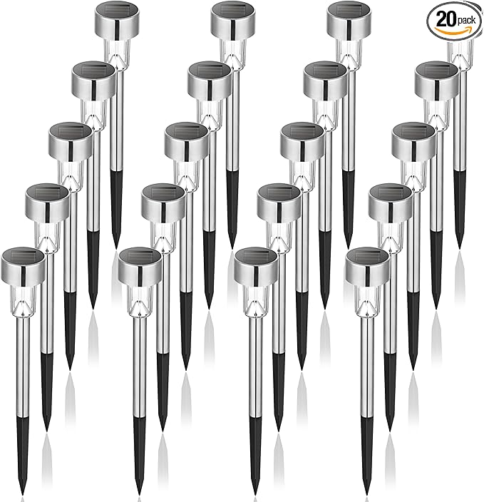 GIGALUMI Solar Pathway Lights 20 Pack, Stainless Steel IP44 Waterproof Auto On/Off Outdoor LED Solar Landscape Lights for Garden, Yard, Patio, Path and Walkway. (Cold White)