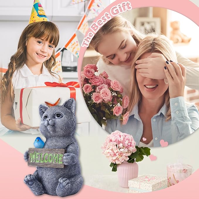 Goodeco Solar Cat with Welcome Sign - Outdoor Cat Statue with Solar Butterfly & Bird Lights - Perfect Cat Decor for Cat Lovers, Ideal Housewarming Gifts for Women & Moms (Gray)