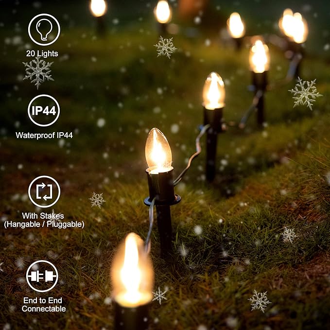Outdoor Warm Christmas Pathway Lights, 24.2ft 20 Lights with Stakes, Outside Walkway Marker, C9 Christmas Decor, Driveway Decorations, Waterproof, Hanging or Plugging