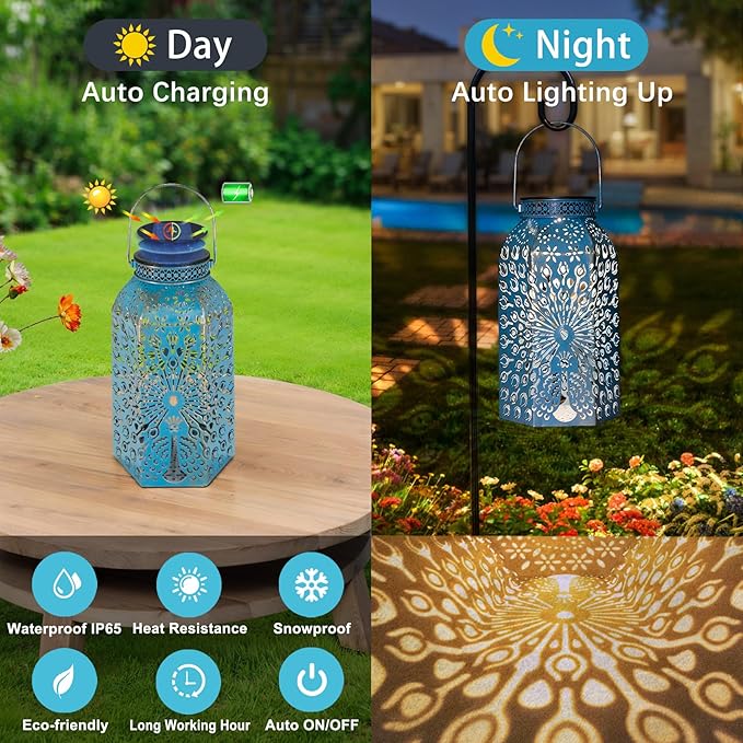 Outdoor Solar Lanterns Waterproof Peacock Garden Gifts Women Mom, Big Solar Lights, Garden Decor, Yard Art, Outside, Patio Ornaments, Birthday, Mothers' Day Birthday Gifts (2Pack, Blue Gold