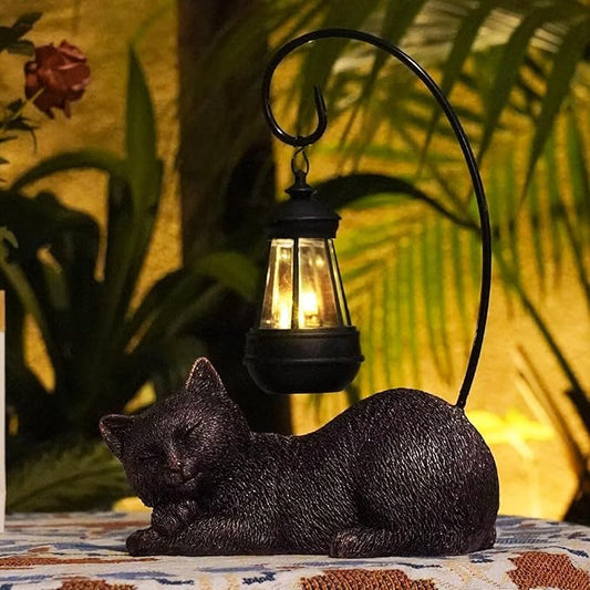 Cat Statue with Light Lantern Outdoor Garden Decor, Sleeping Cat Figurine with Solar-Powered LED Light, 13 Inches Tall Antique Bronze, Perfect for Gift Garden Decor or Housewarming for Cat Lovers