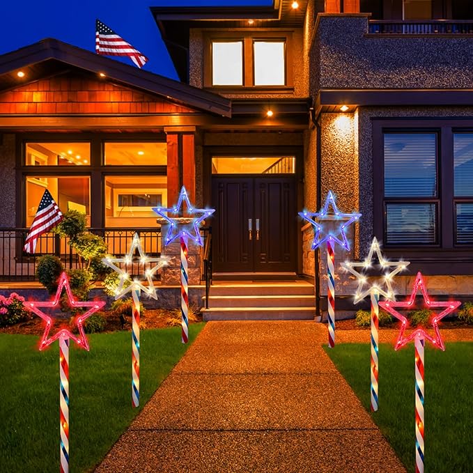 4th of July LED Big Star Pathway Lights Patriotic Lights Outdoor, for Memorial Day Independence Day Any Patriotic Decorations, 8 Mode Remote Control Solar Powered(2 Pack, 180 LED)
