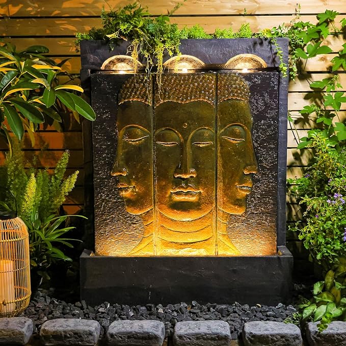 Zen Buddha Outdoor Fountain - Large Indoor Water Fountains Waterfall with Planting Groove Wall Water Feature for Garden Patio Backyard Deck Lawn Home Decor, 45 inchesTall, Gold