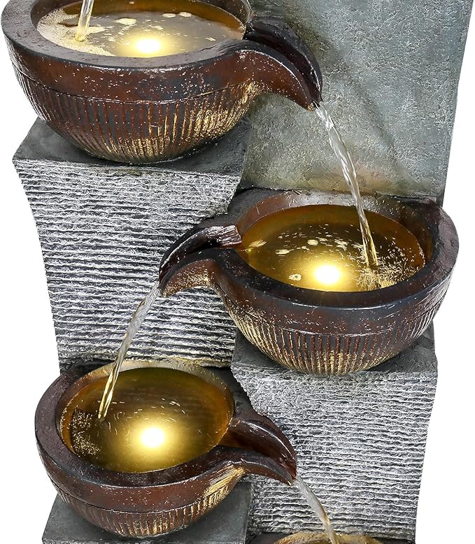 53.5in High Outdoor Indoor Water Fountain, 6-Tiered Poly-Resin Waterfall Fountain with LED Lights, Decorative Floor Standing Fountain for Garden, Patio, Yard, Home Decor