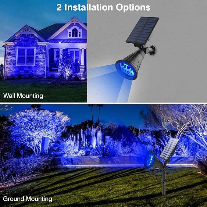 T-SUN Blue Solar Spotlights, Solar Lights Outdoor Waterproof, Auto ON/Off Adjustable Solar Garden Pond Lights for Tree, Patio, Yard, Garden, Driveway, Stairs, Pool Area (Blue- 2 Pack)