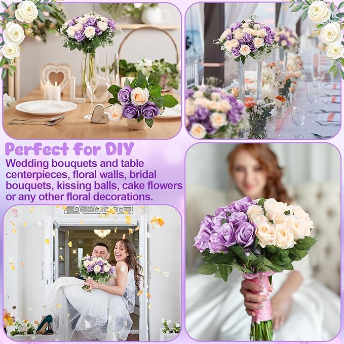 36 Pcs Purple, Champagne Artificial Roses with Long Stems, Purple Fake Silk Rose Artificial Flowers Bulk for Bridal Wedding Bouquet Centerpiece Ball Arrangement Party Decor