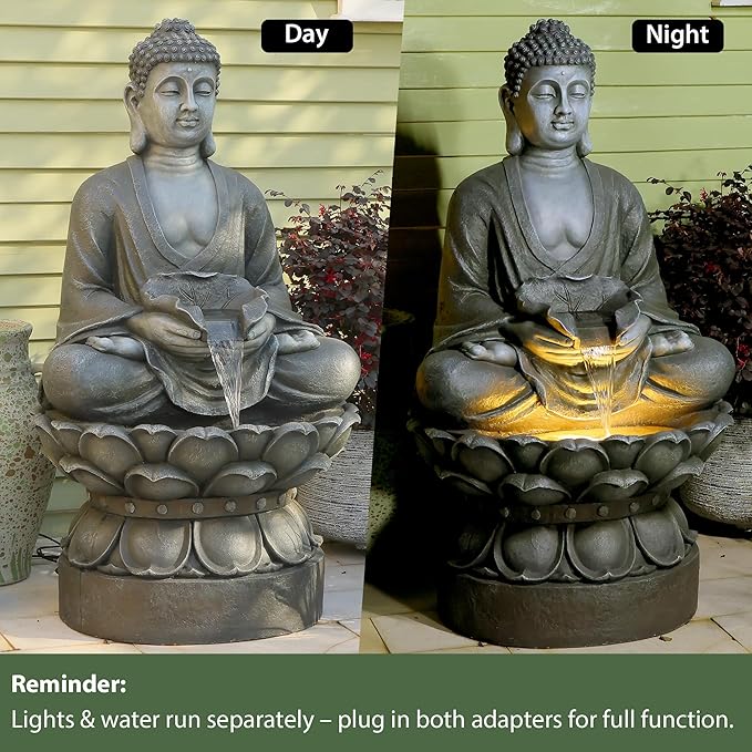 Buddha Water Fountain Outdoor Large Sitting Lotus Base Waterfall Fountains Zen Water Feature Indoor with LED Light for Garden Patio Backyard Deck Lawn Porch Balcony Home 45 inches Gray