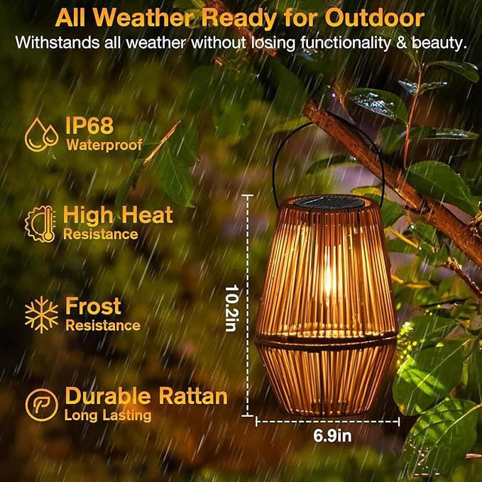 Uspring 2 Pack 3-in-1 Solar Lanterns Outdoor Waterproof Rattan Woven Hanging Solar Lights for Outside with Bright Lamp & LED Bead & 4 Handles, Garden Gifts Decor for Women Mom Patio Yard Porch