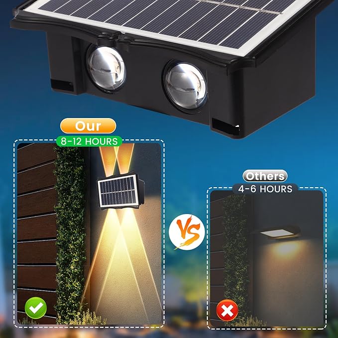 Solar Powered Outdoor LED Lights, Waterproof Wall Sconces, 4 LEDs Fence Lights, Up & Down Lighting for Backyard, Deck, Patio, Porch, Balcony, Garden (4 Pack)