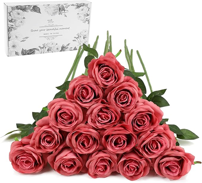 Pink Fake Roses Artificial Flowers - 16 Pcs Fake Artificial Roses Silk Flowers with Stems for Home Wedding Hotel Office Centerpiece Decor（Coral Pink）