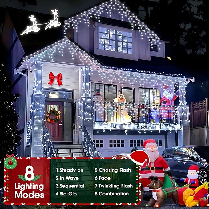Hezbjiti 2Pack Total 800LED Icicle Lights 32.8FT Christmas Lights String Lights Outdoor Decoration 8 Modes 75 Drops Fairy Lights for Eaves Party Yard Garden Xmas Decor