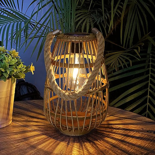 Outdoor Solar Lantern Hanging Lights - Natural Rattan Solar Lantern with Handle, Large Waterproof Led Decorative Garden Lights, Bright Rattan Solar Table Lamp for Yard Patio Wedding Home Decoration