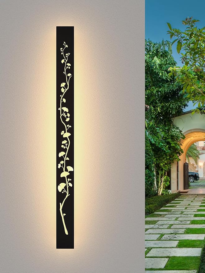 Modern Outdoor Wall Lights 39.4inch LED Long Wall Sconce 3000K Ginkgo Hollow Design Wall Mount Porch Lights 32W Exterior Lighting Fixtures for Patio Balcony Terrace Garden