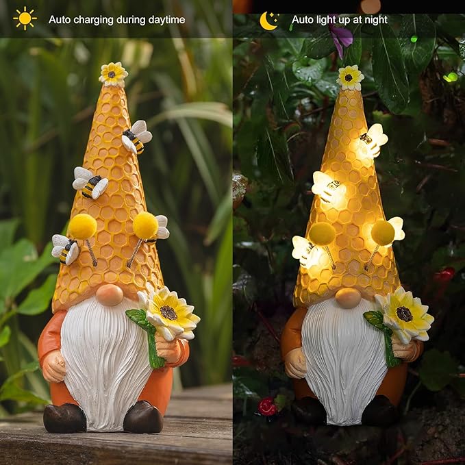 pearlstar Garden Gnome Statues Bee Solar Light 10.2" Tall Large Resin Figurine Outdoor Funny Home Yard Patio Decoration Fall Thanksgiving