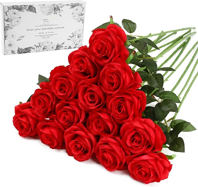 Red Fake Roses Artificial Flowers - 16 Pcs Fake Artificial Roses Silk Flowers with Stems for Home Wedding Hotel Office Centerpiece Decor