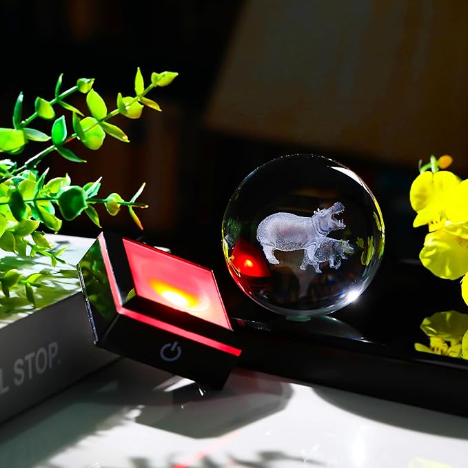 Qianwei Hippopotamus Gifts for Women 3D Crystal Ball 3.14'' - Laser Hippopotamus Decor Glass Animals Hippo Gifts Figurines Statue Stuff for Room Decorations Hippo Night Light