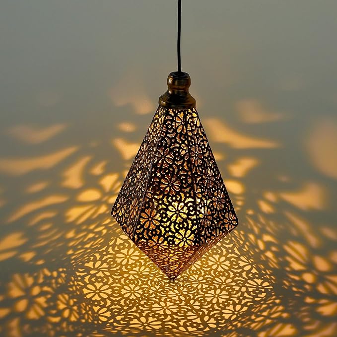 MAGGIFT 2 Pack Solar Hanging Lights, Solar Powered Retro Lantern with Handle, Warm White LED Christmas Garden Lights, Metal Diamond Shape Lamp Waterproof for Outdoor for Yard Tree Fence Patio