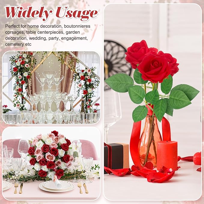 36 Pcs Red White Pink Artificial Roses with Long Stems, Fake Silk Rose Artificial Flowers Bulk for Bridal Wedding Bouquet Centerpiece Ball Arrangement Party Decor