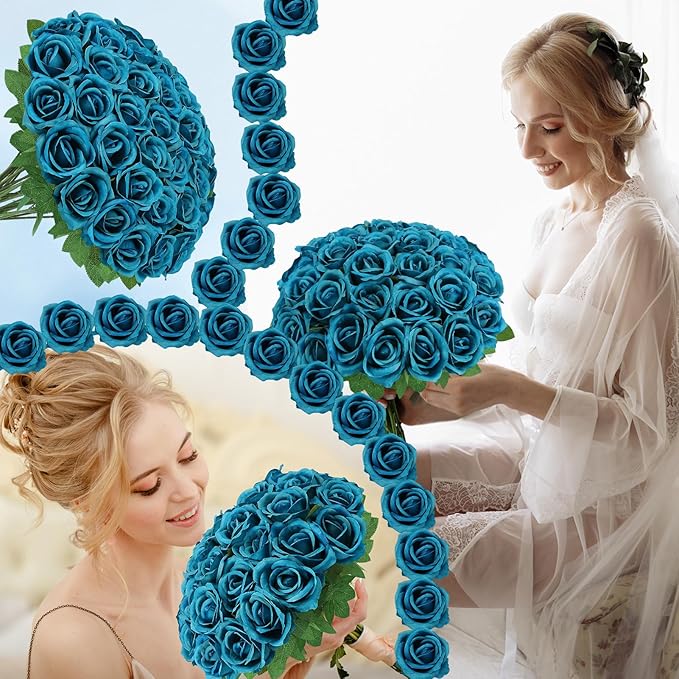 36 Pcs Teal Artificial Roses with Long Stems, Blue Green Fake Silk Rose Artificial Flowers Bulk for Bridal Wedding Bouquet Centerpiece Ball Arrangement Party Decor