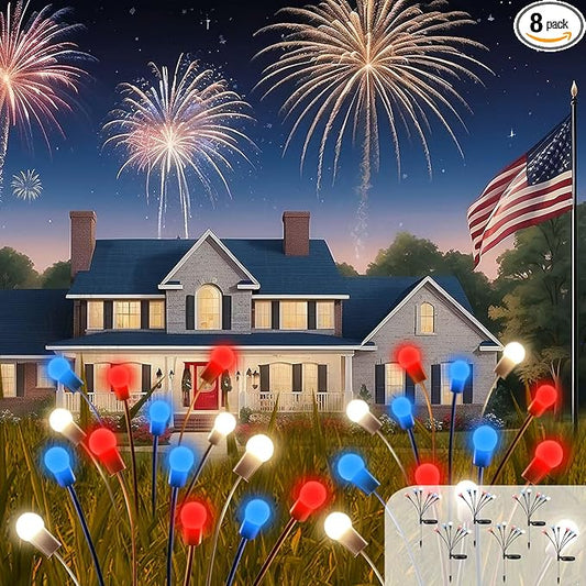Red White and Blue Solar American Flag Firefly Lights, 8 PK Firefly Light 4th of July Patriotic Solar Outdoor Lights Waterproof, Independence Day Patriotic Decor for Garden Yard Decorations