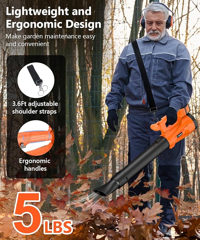 Leaf Blower Cordless with 2 3.0Ah Battery and Charger, 580CFM/160MPH Electric Leaf Blower with 6 Speed Modes, Cruise Control, Blowers for Lawn Care, Patios, Blowing Leaves and Dusts